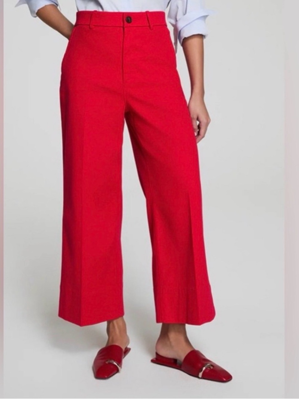 SPANX Red Stretch Twill Cropped Wide Leg Pants High Rise Zip-Pocket